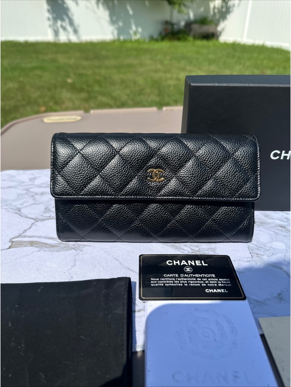 Chanel 2014 Black Caviar Quilted CC Long Flap Wallet Box